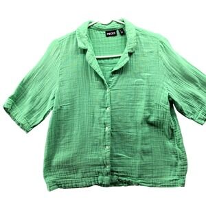 Pieces Cropped Gauze Button Down Shirt‎ Womens L Green Short Sleeve Cotton